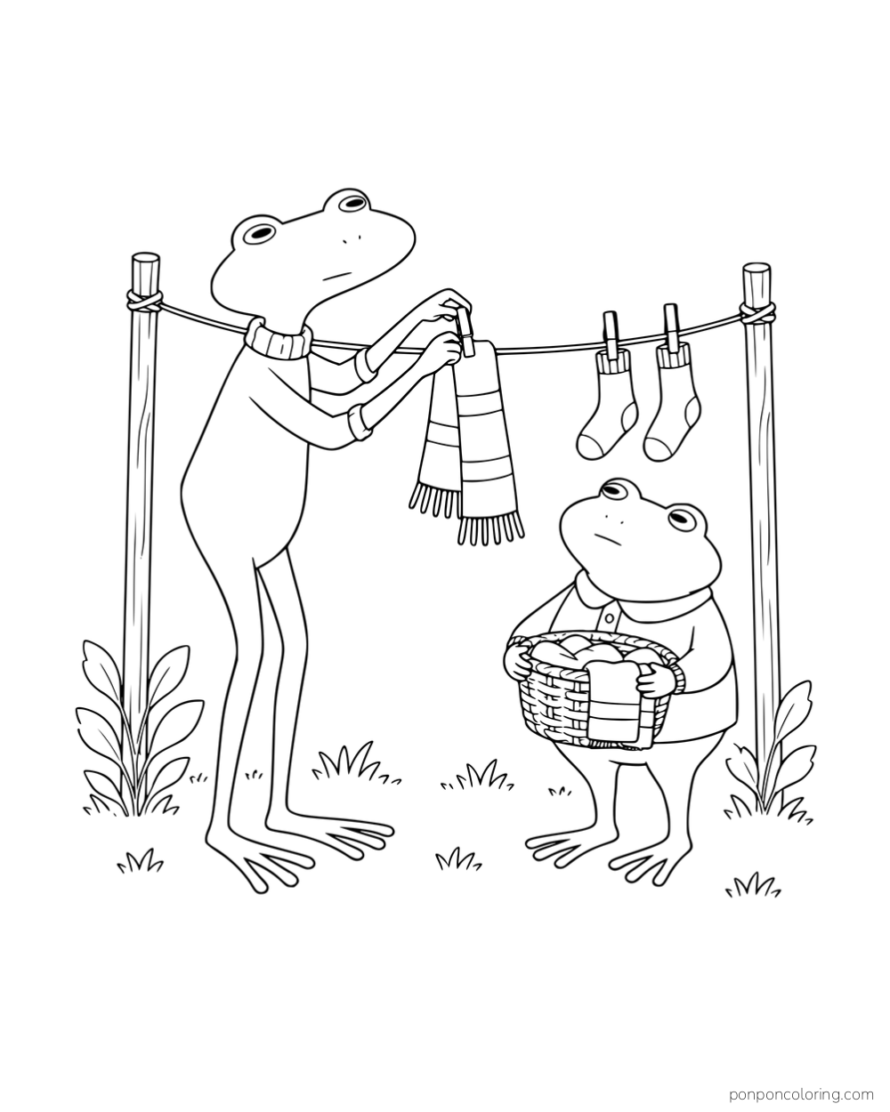 A tall frog hanging a scarf on a clothesline while a smaller frog holds a laundry basket.