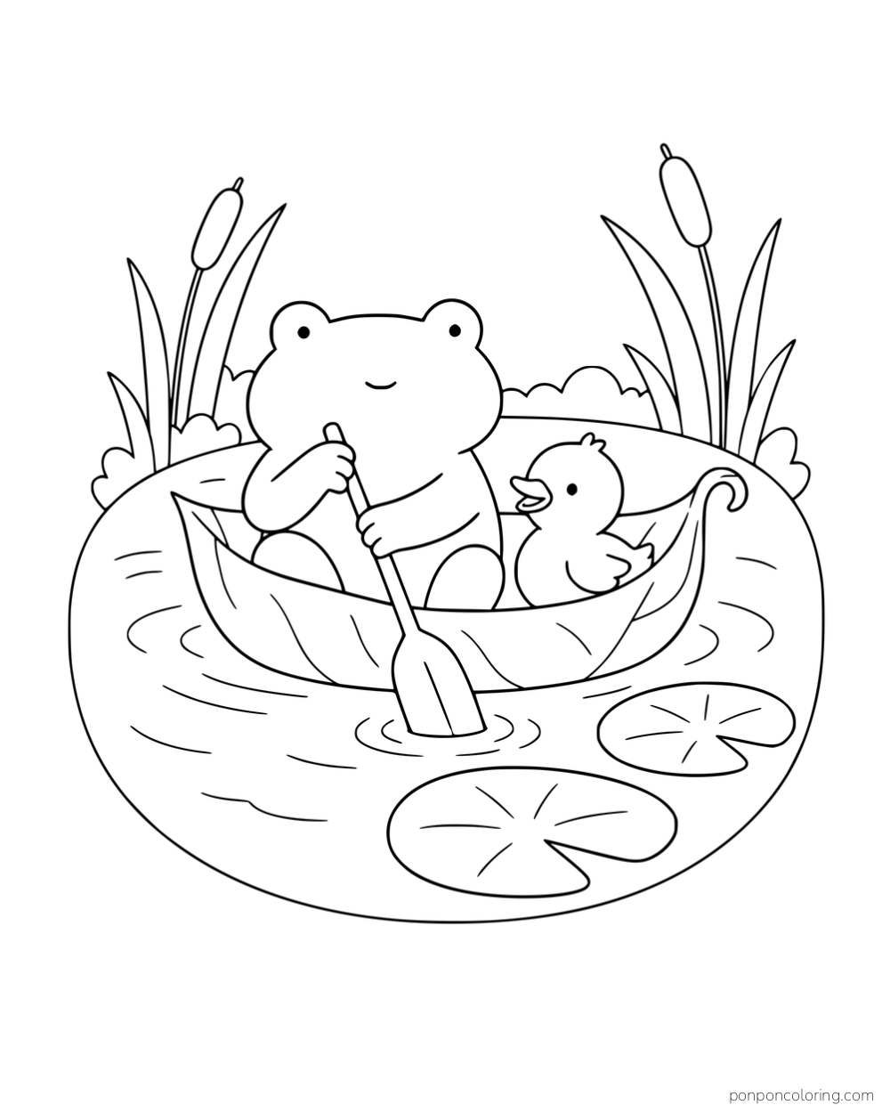 A frog paddling a leaf boat with a duckling beside lily pads and cattails.