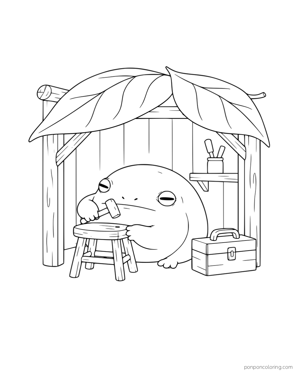 A round frog repairing a stool in a small leaf-roof workshop beside a toolbox.