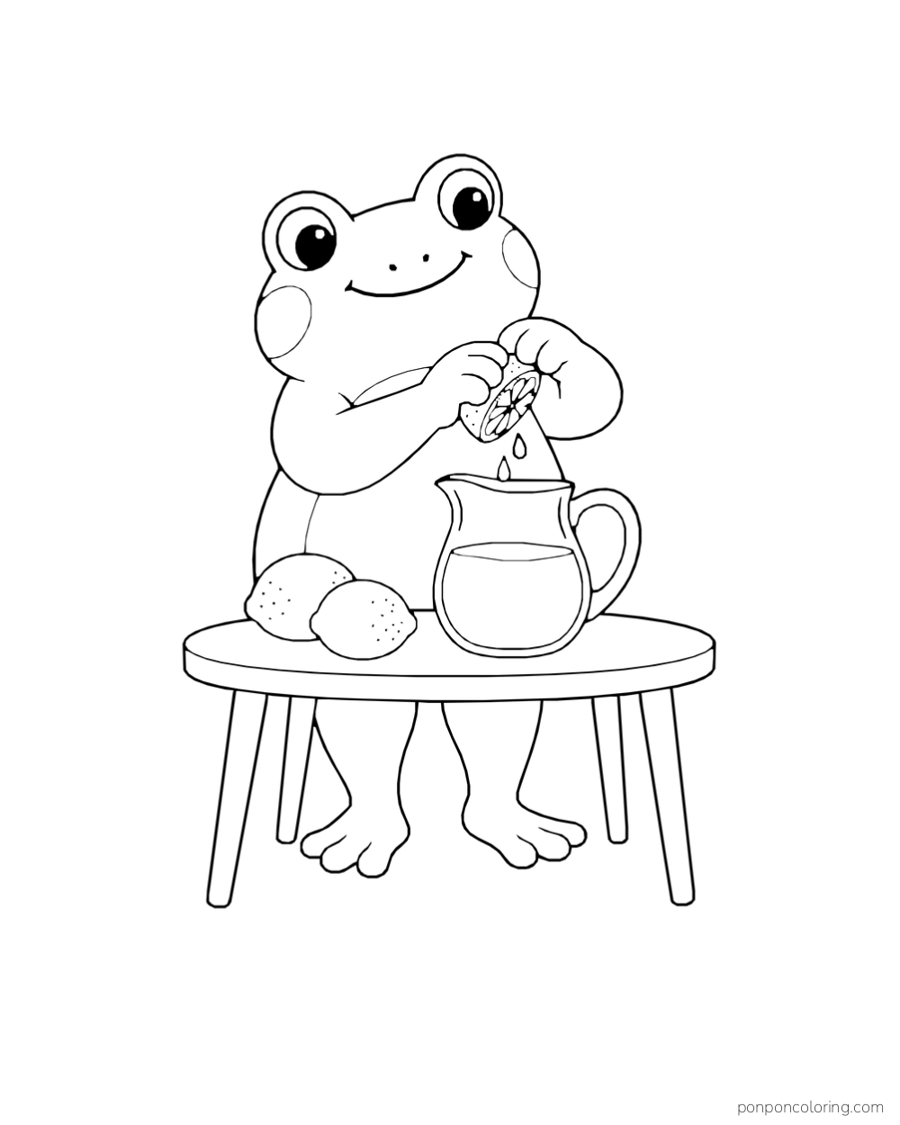 A frog squeezes a lemon into a pitcher at a round table with two more lemons.