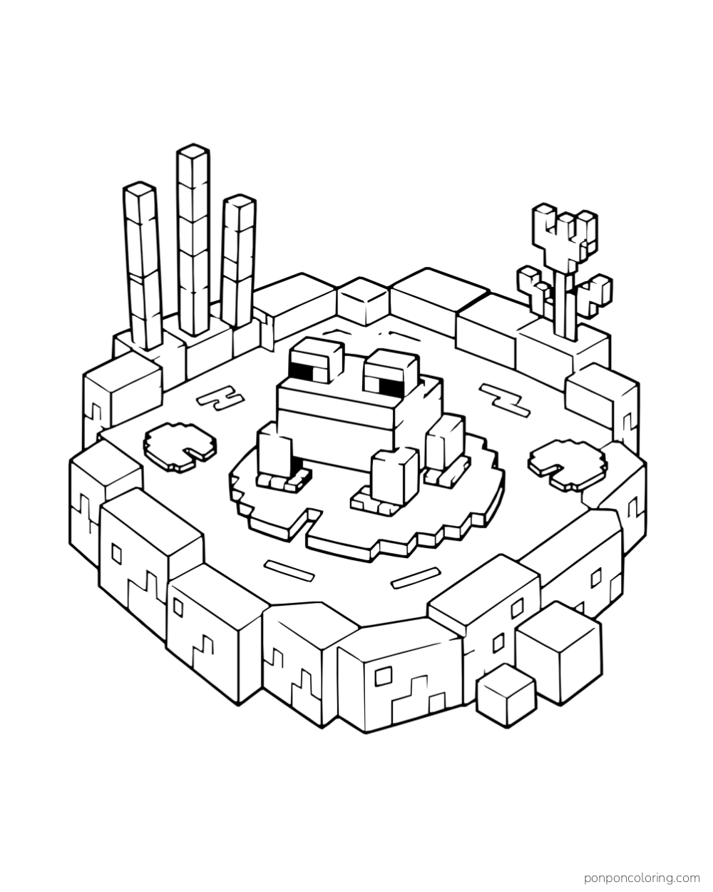 A blocky frog sits on a lily pad in a small enclosed pond with reeds and a flower.