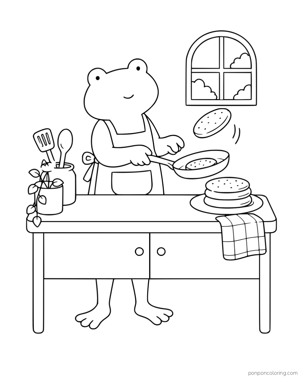 A frog in an apron flipping a pancake over a pan behind a counter with utensils and a plate of pancakes.