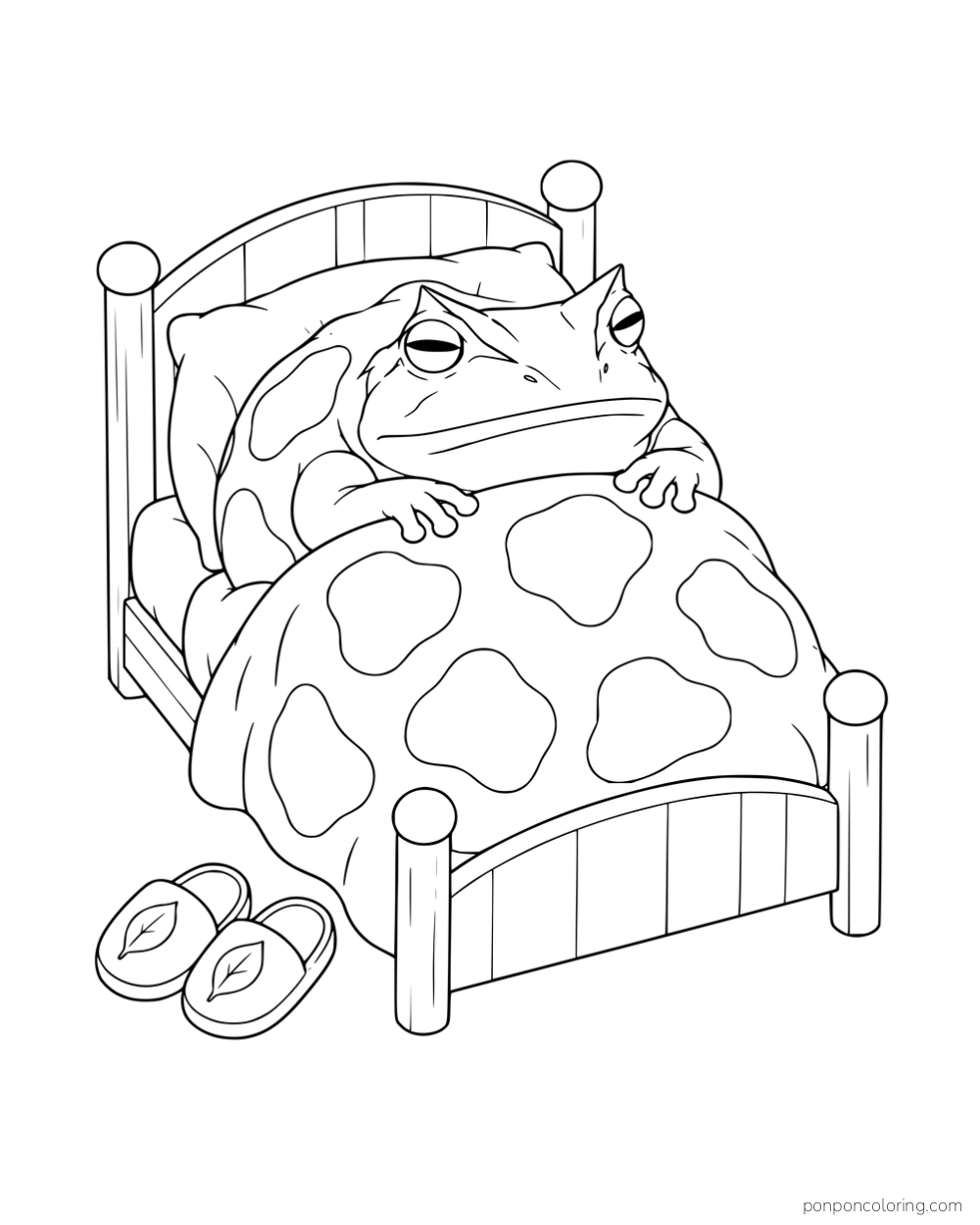 A broad frog tucked beneath a blanket with large outlined patches in a wooden bed beside slippers.