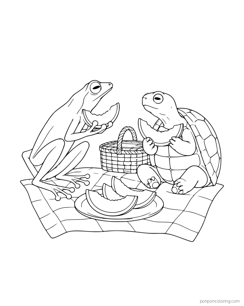 A slender frog and a turtle sharing melon slices on a picnic blanket beside a basket.