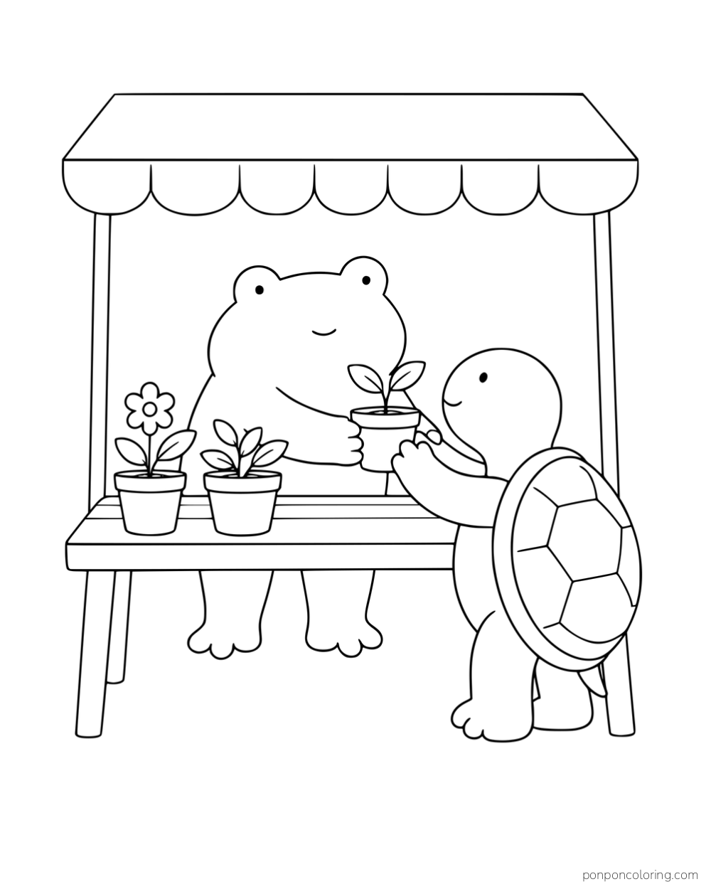 A frog handing a potted seedling to a turtle at a plant stall with a scalloped canopy.