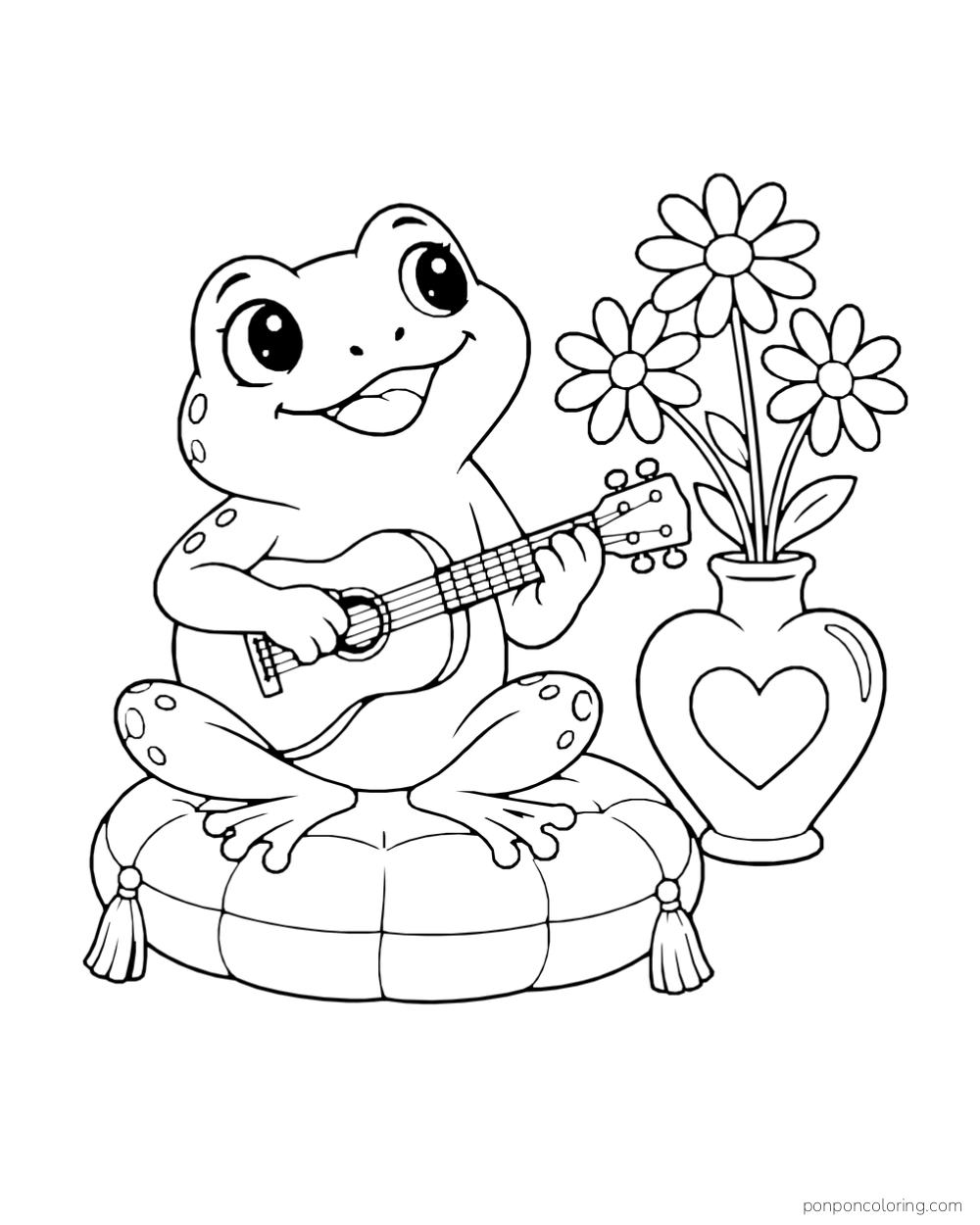 A frog plays a guitar on a tasseled cushion beside a heart-decorated vase of three daisies.