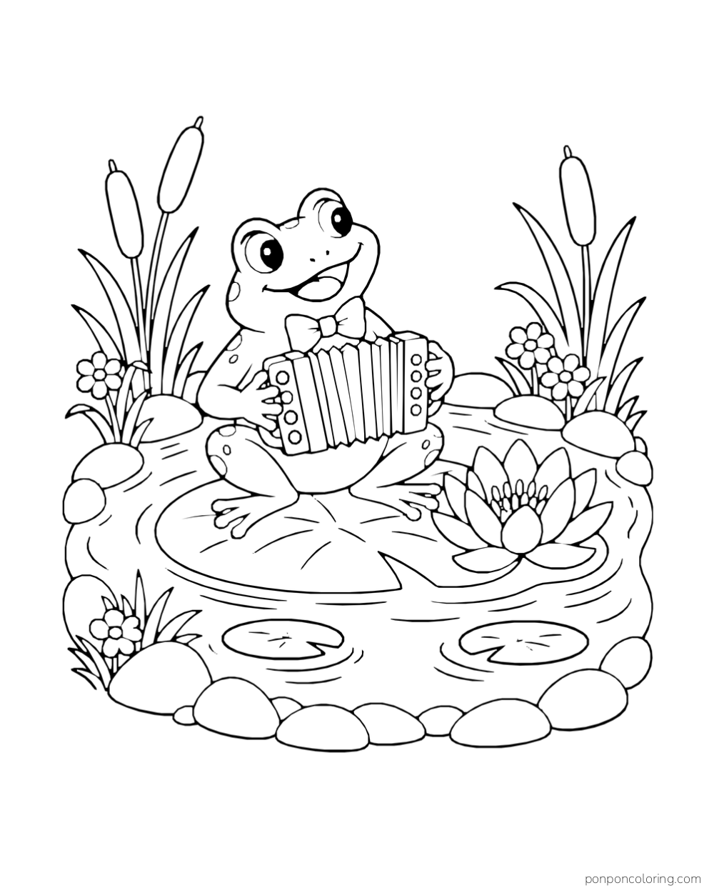 A frog wearing a bow tie plays an accordion on a lily pad in a small pond ringed with stones and plants.