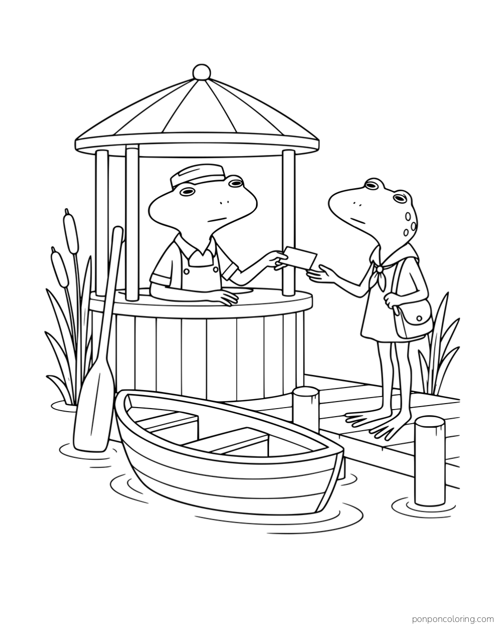Two long-legged frogs exchanging a ticket at a pondside booth beside a small boat.