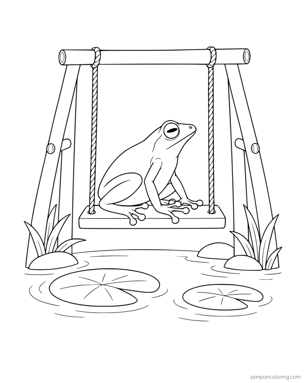 A slender frog sitting on a swing beside lily pads and reeds.