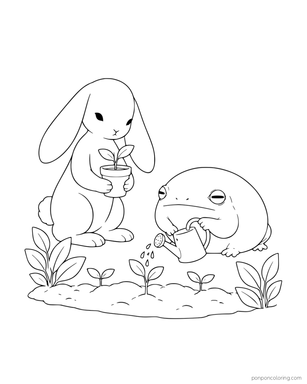 A round frog watering seedlings while a rabbit holds a small plant pot.