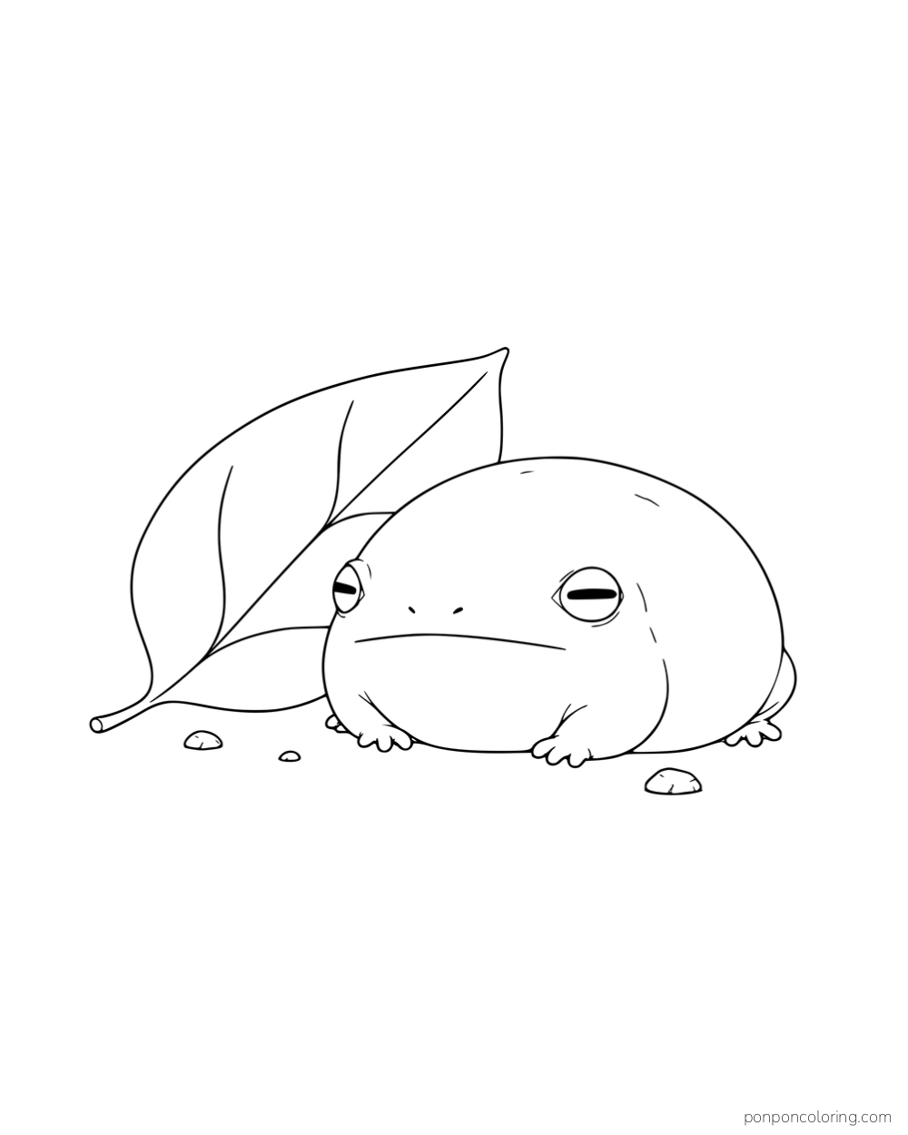 A round, short-legged frog resting beside a large fallen leaf and small stones.