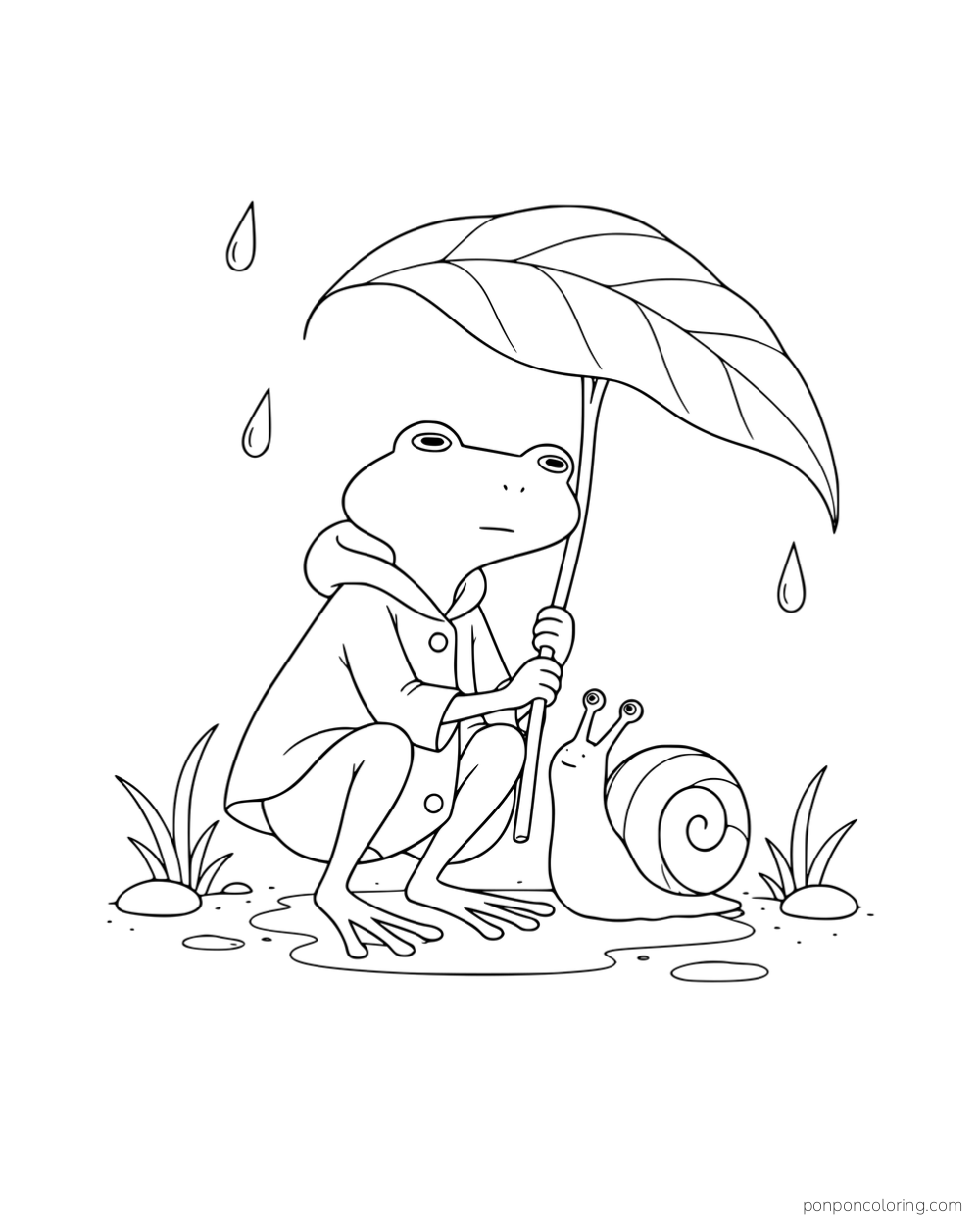 A long-legged frog and a snail sheltering beneath a leaf umbrella in the rain.