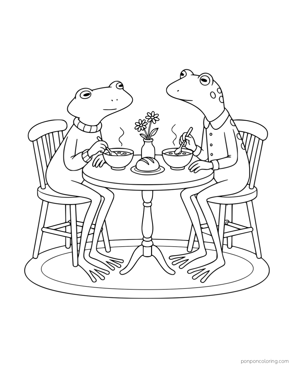 Two long-legged frogs eating soup at a round table with a flower vase and a bread roll.