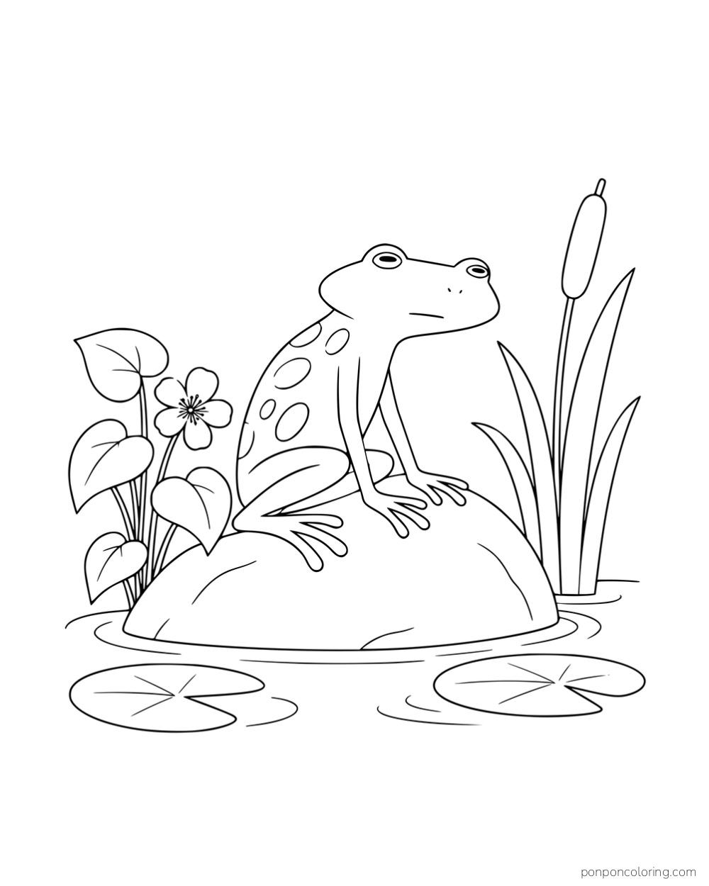 A slender spotted frog sitting on a pondside rock beside a flower, leaves and cattails.