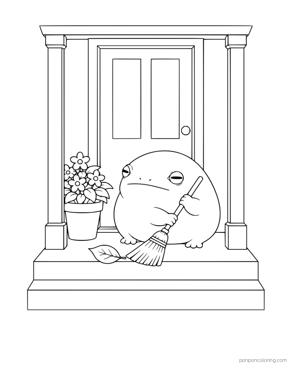 A round frog sweeping a leaf from porch steps beside a doorway and a flowerpot.
