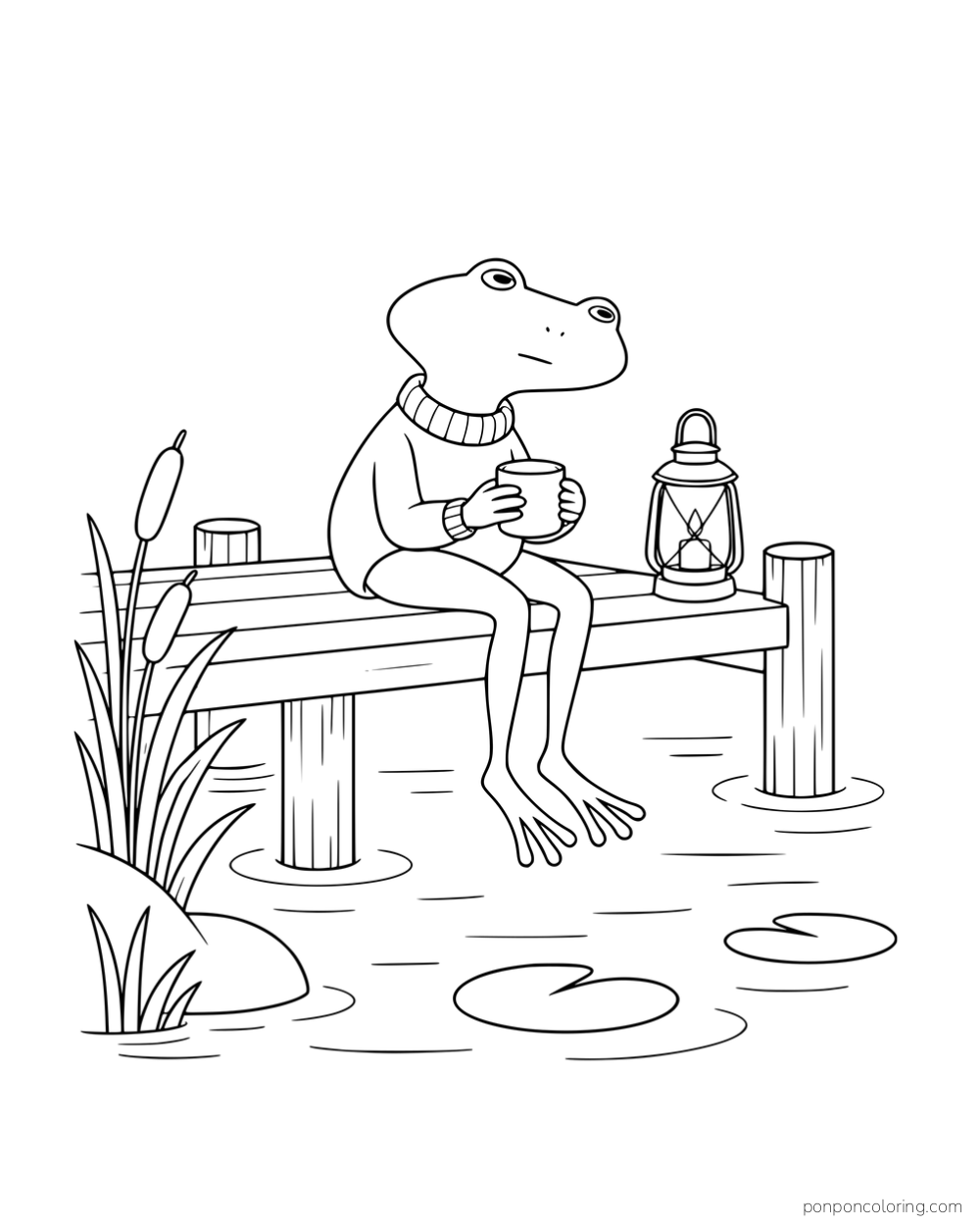 A long-legged frog holding a cup on a small dock beside a lantern and reeds.