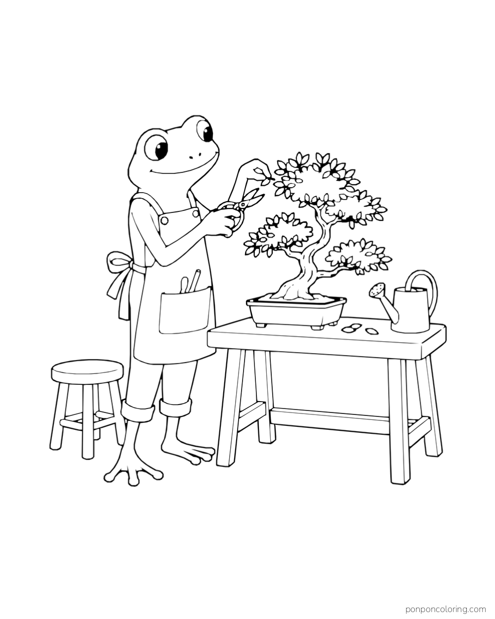 A tall frog in an apron trims a potted bonsai at a workbench beside a watering can and stool.