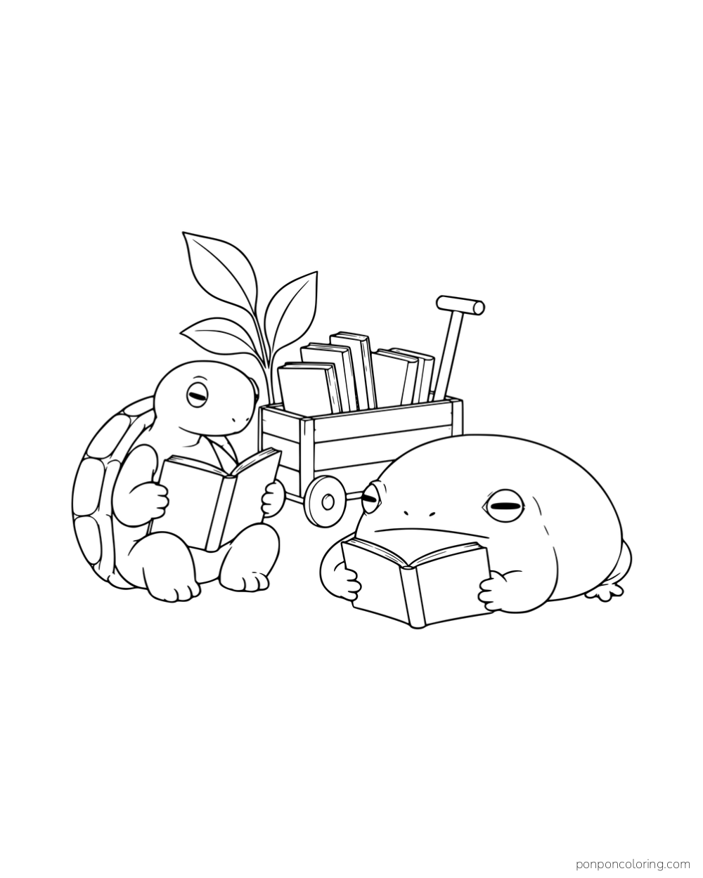 A round frog and a turtle reading books beside a small book cart and plant.