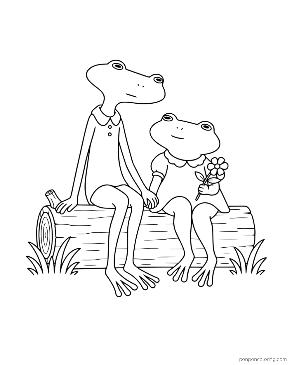 Two long-legged frogs sitting on a log, with the smaller frog holding flowers.