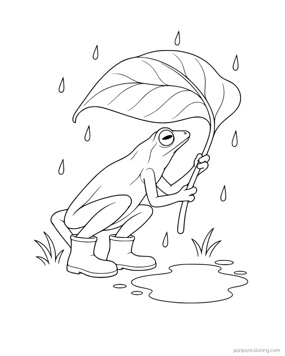 A slender frog wearing boots and holding a leaf umbrella beside a puddle in the rain.