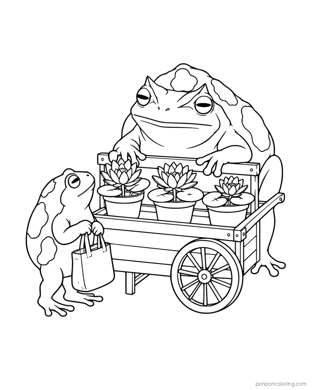 A large patterned frog selling potted water lilies from a cart to a smaller frog with a tote bag.