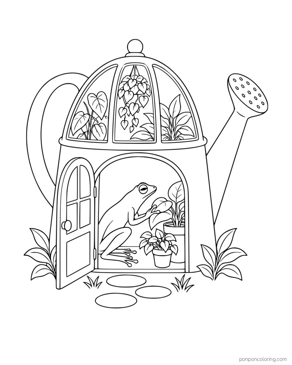 A slender frog tending plants inside a watering-can-shaped greenhouse.