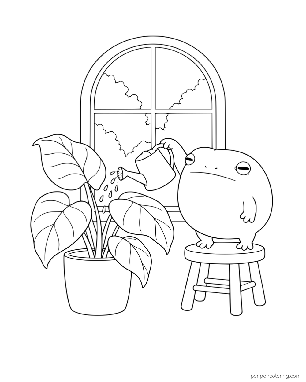 A round frog standing on a stool to water a leafy plant in front of an arched window.
