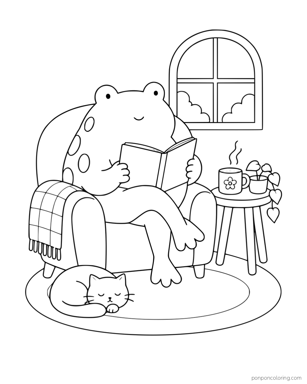 A spotted frog reading in an armchair beside a window and a small table, with a kitten asleep on the rug.