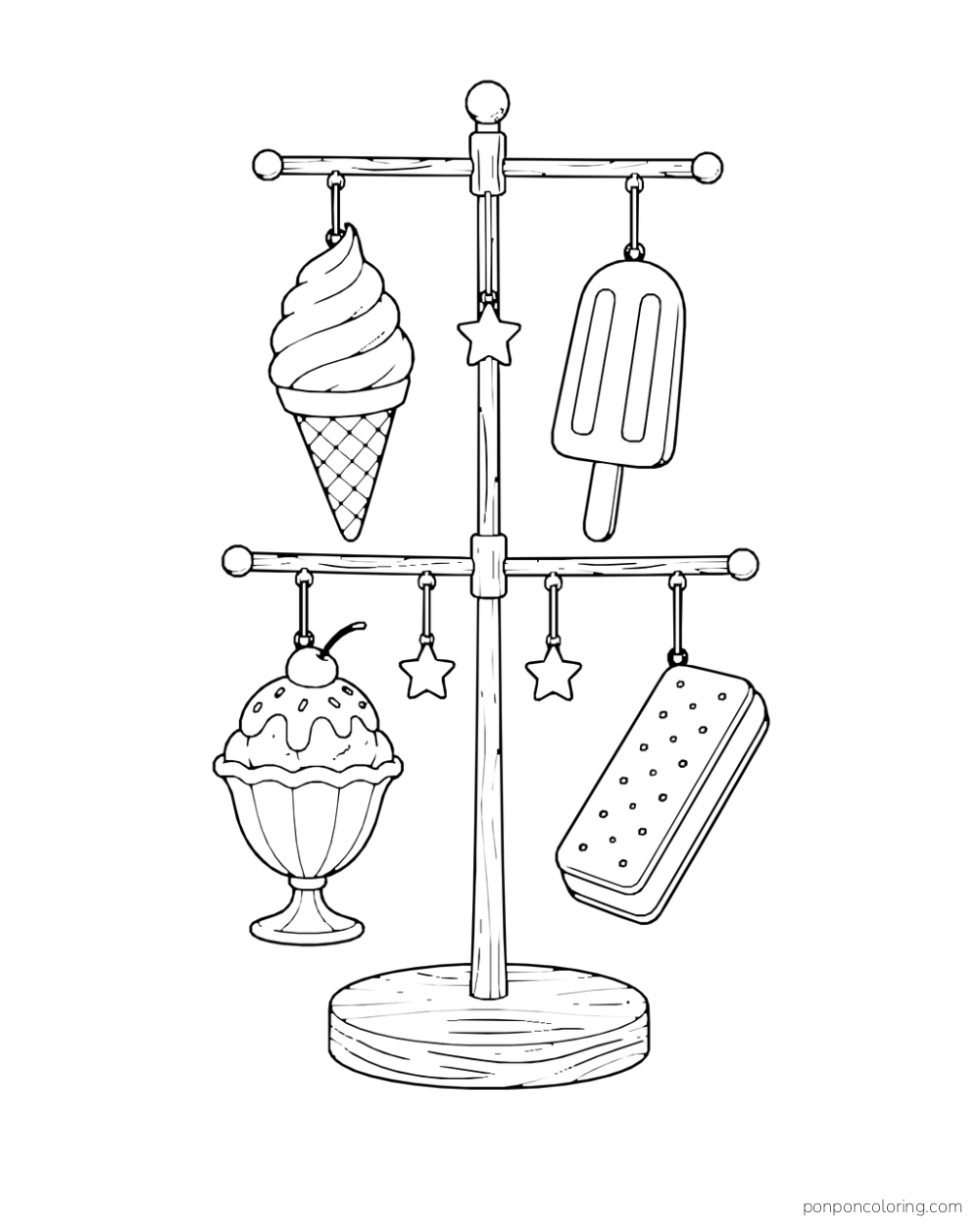 A cone, ice pop, sundae, and sandwich hang as shapes from a tabletop decorative mobile.