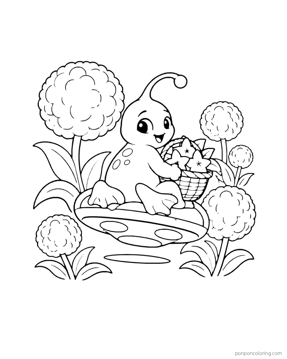 An alien holds a basket of star-shaped fruit while seated on a floating platform among puffball plants.