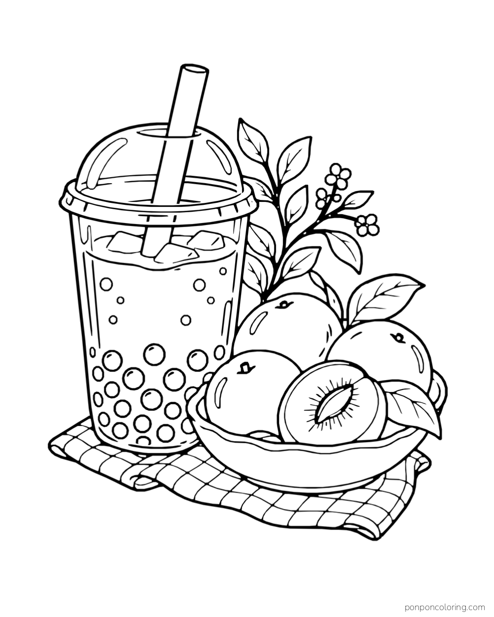 A boba cup stands next to a bowl of whole and sliced fruit on a checked cloth.