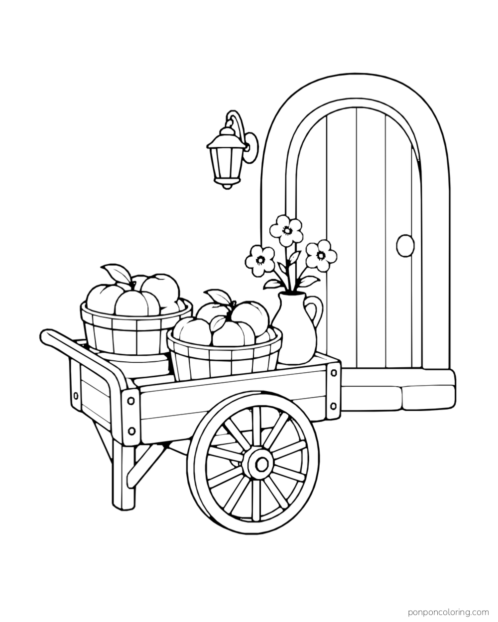 Small pushcart with peach baskets and a vase of flowers beside an arched door and lantern.