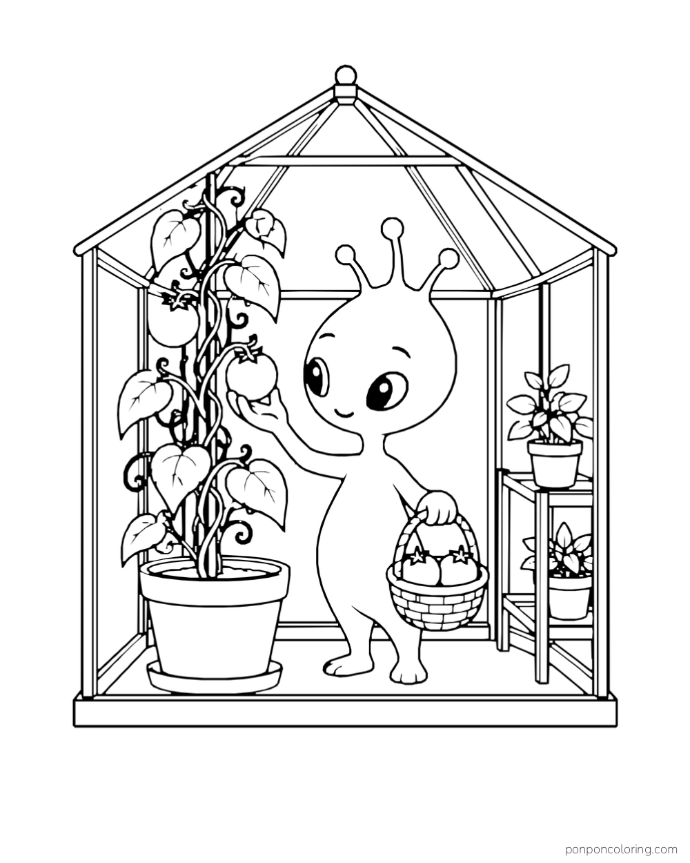 A three-antenna alien gathers round fruit inside a greenhouse.