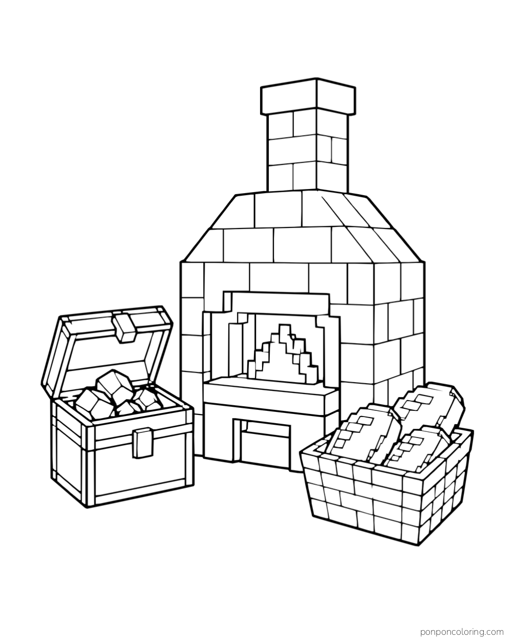 A furnace with a tall chimney stands between an open fuel chest and a basket of bread.
