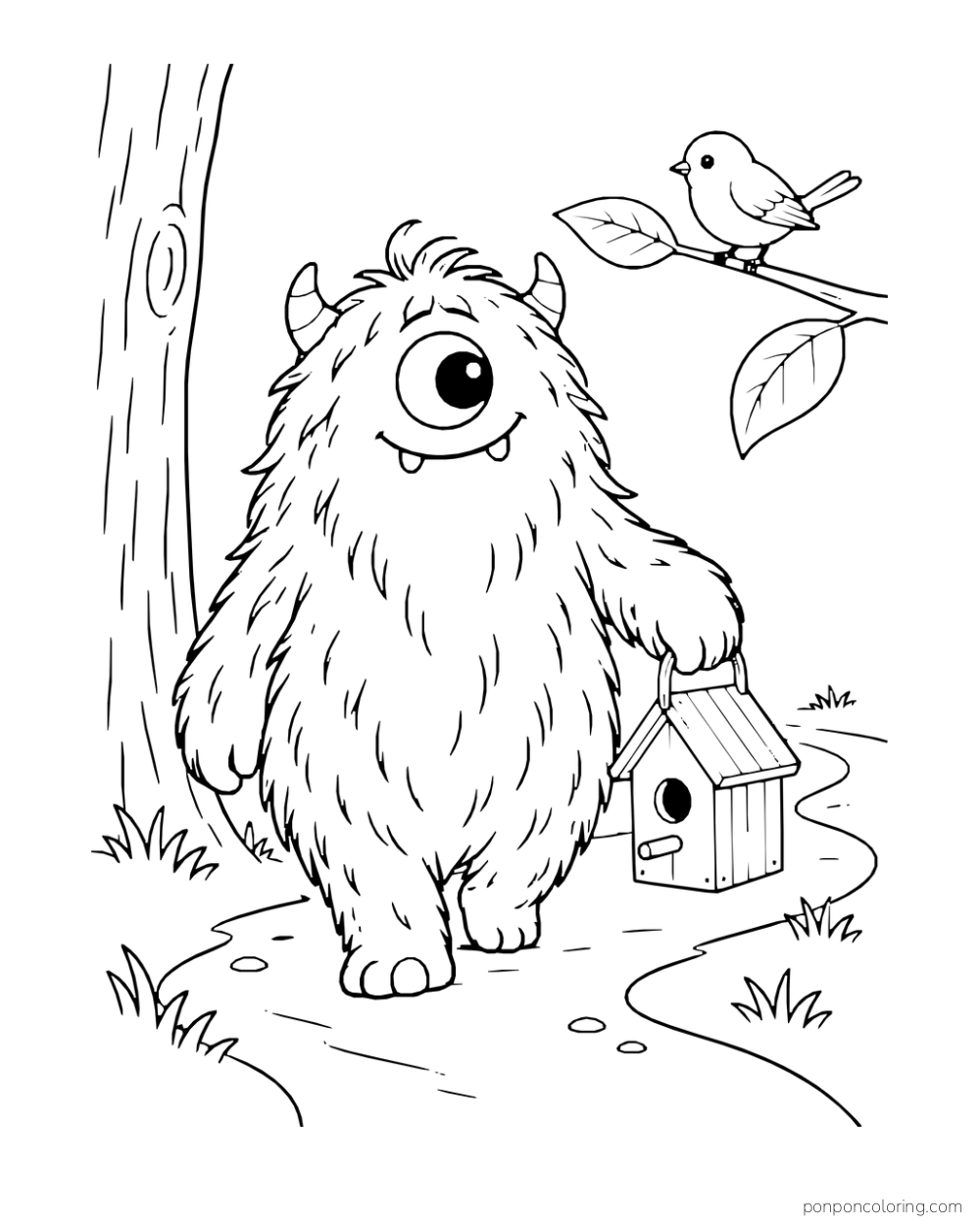 Long-furred one-eyed monster carrying a birdhouse along a path as a bird watches from a branch.