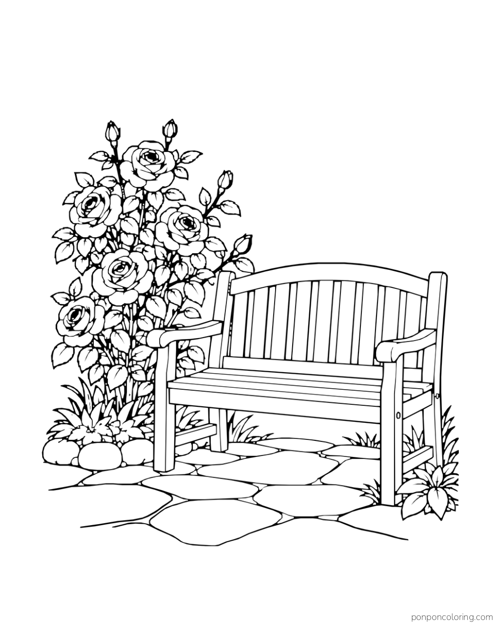 Wooden bench on a stone patch beside a tall flowering rose bush.