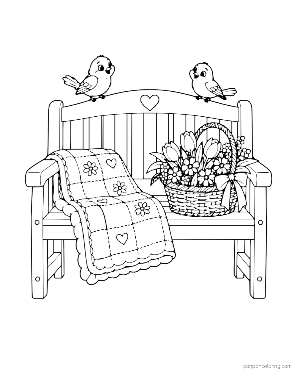 Two birds perch on a wooden bench with a folded quilt and a flower basket.