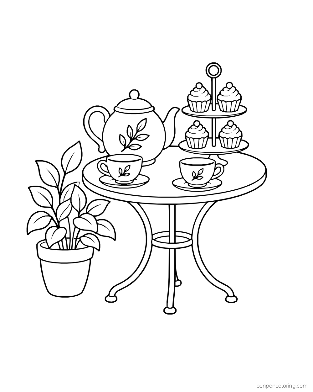 Round table holds a teapot, two cups, four cupcakes on a tiered stand, and a potted plant.