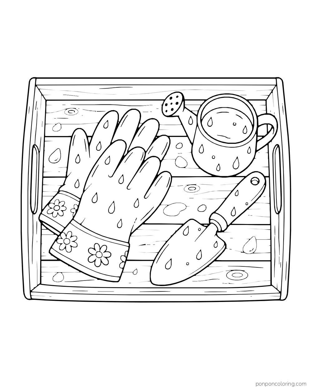 Overhead view of rain-speckled gloves, a hand trowel, and a watering cup on a wooden tray.