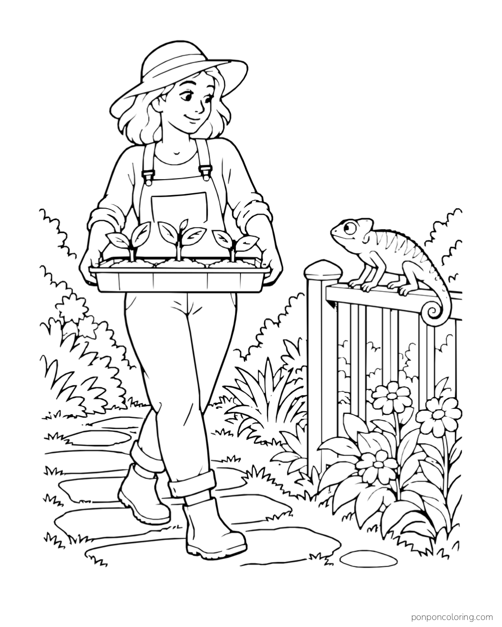 An adult carries a tray with three seedlings while a chameleon rests on a garden fence post.