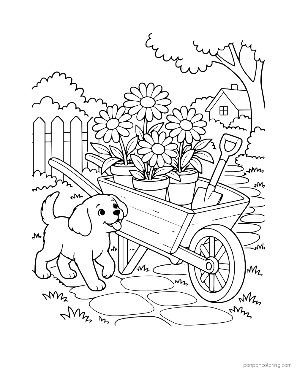 A wheelbarrow carries potted daisies along a path with a puppy walking beside it.