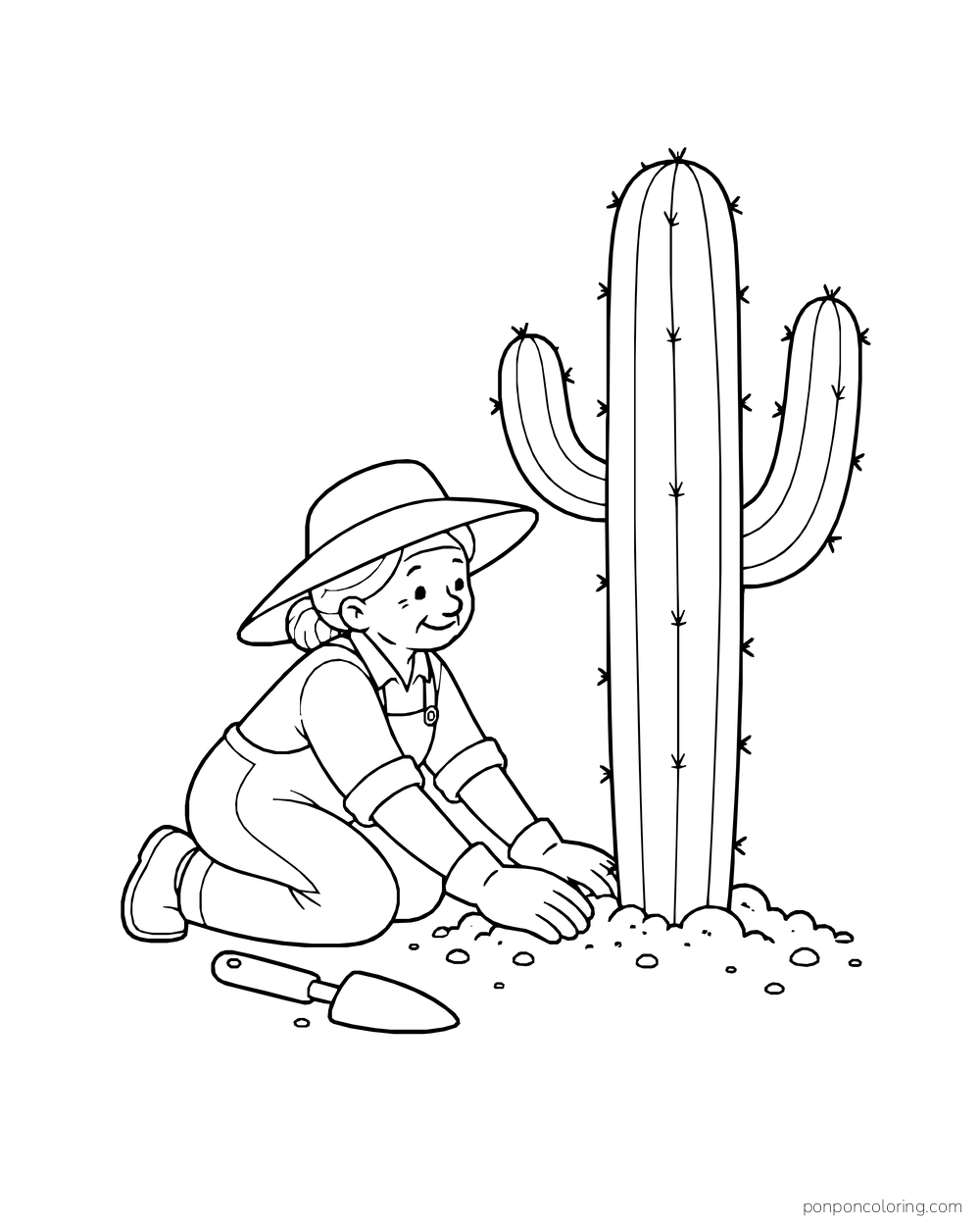A gardener kneels beside a mature branching cactus and pats soil around its base.