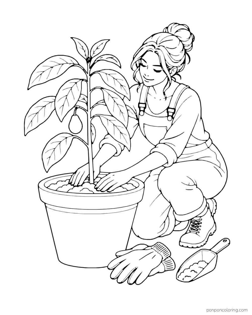 An adult gardener kneels beside a pot while planting a young avocado tree, with a scoop nearby.