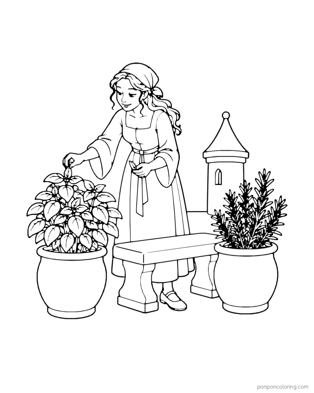 A woman tending two large potted plants beside a castle parapet and a small tower.