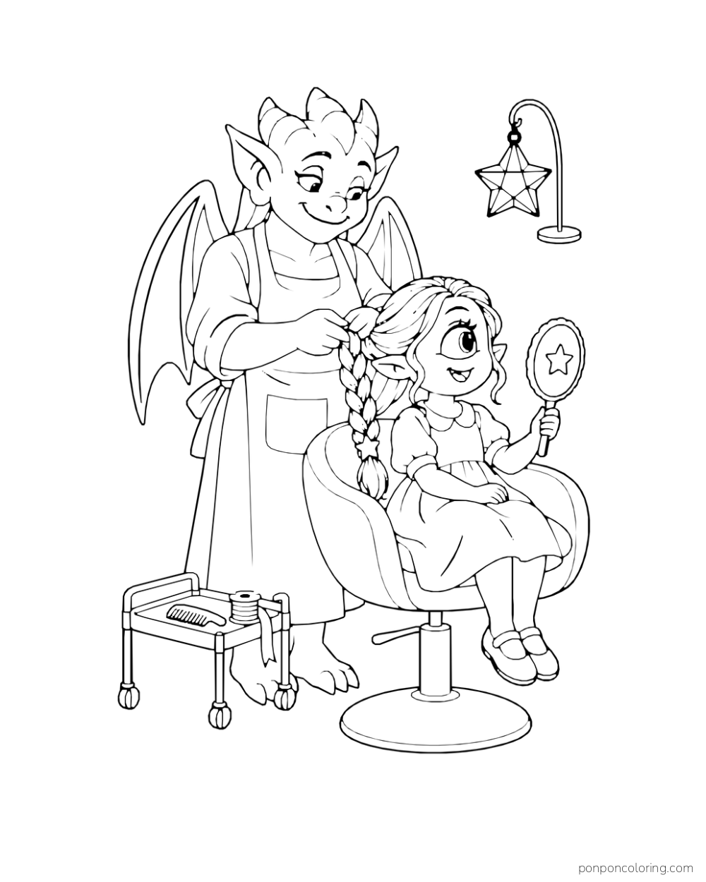 A gargoyle stylist braids a cyclops child's hair while the child looks into a hand mirror; a small trolley holds a comb and ribbon.