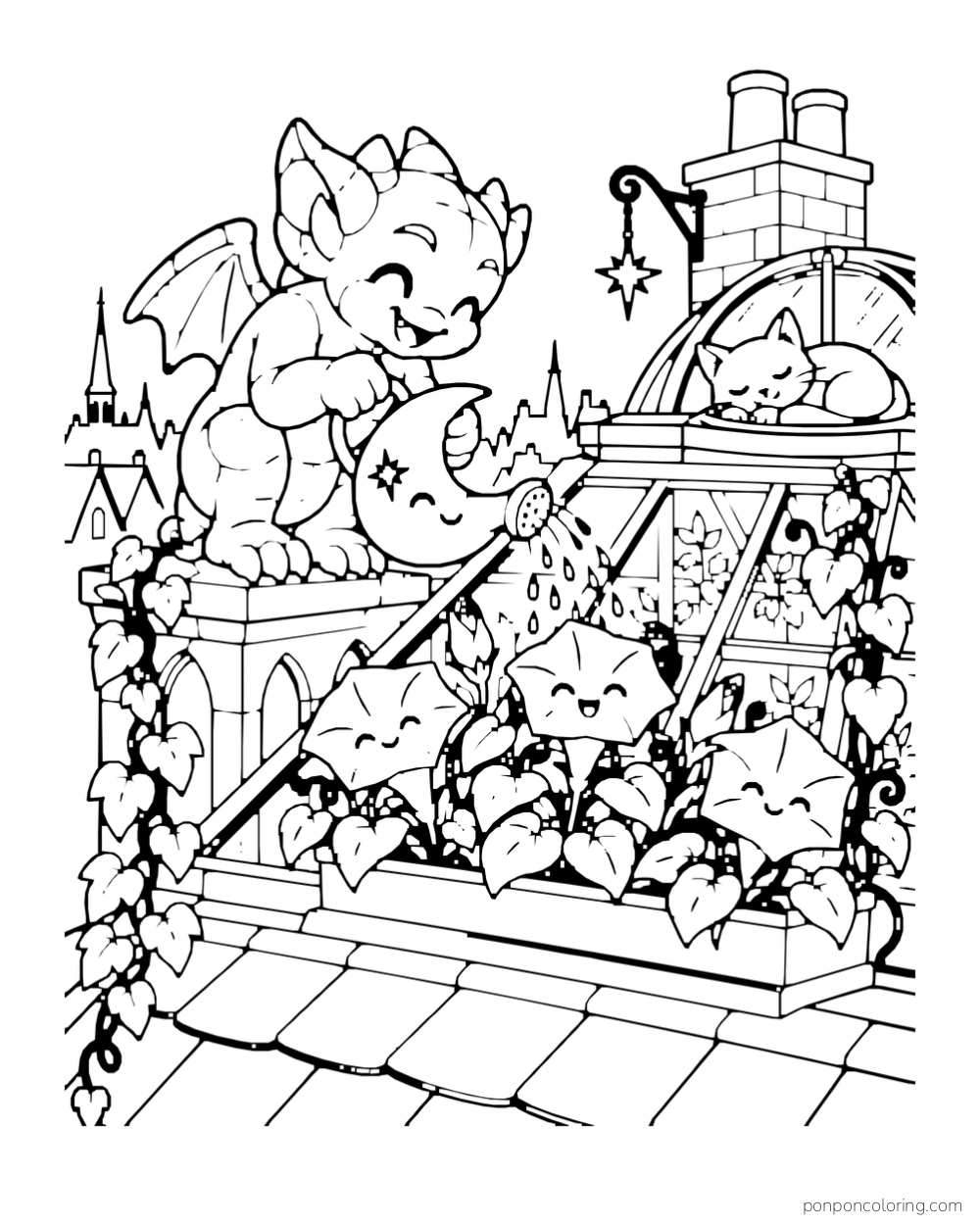 A smiling baby gargoyle pours water from a crescent watering can onto smiling flowers in a rooftop greenhouse while a cat sleeps beside the chimney