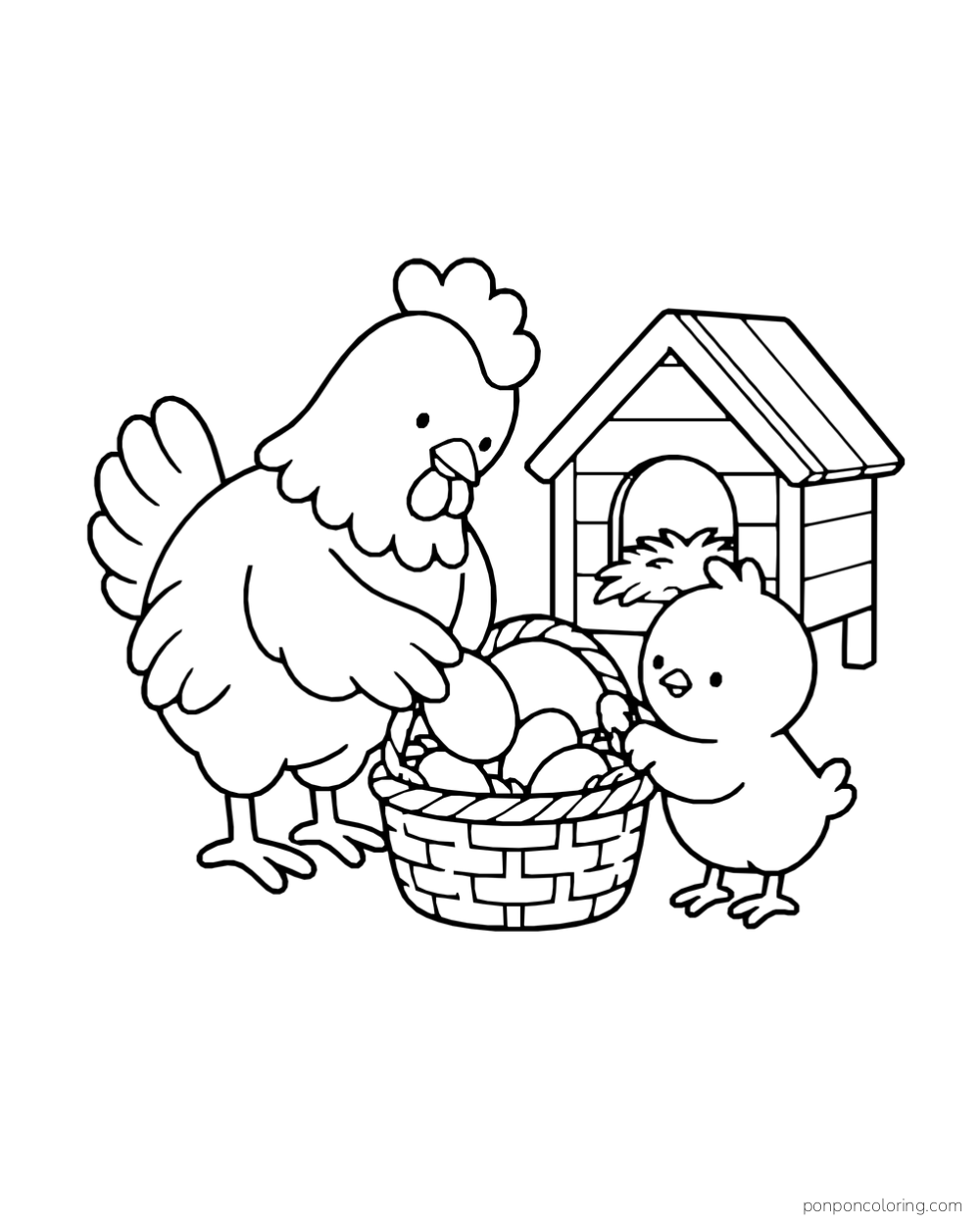 A hen and chick place eggs in a woven basket beside a small coop.