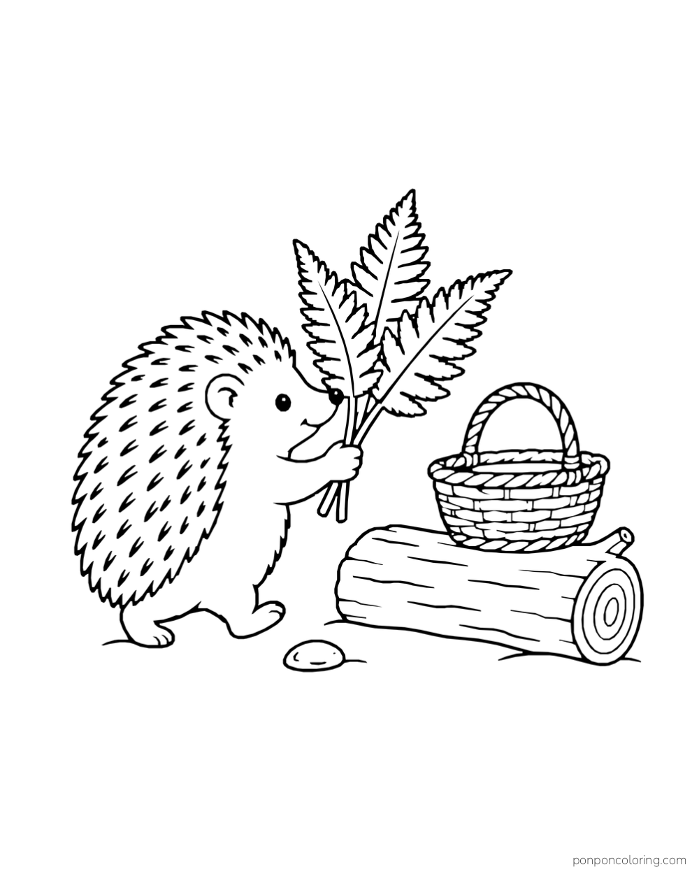 A hedgehog carries a leafy sprig beside a basket and a short fallen log.