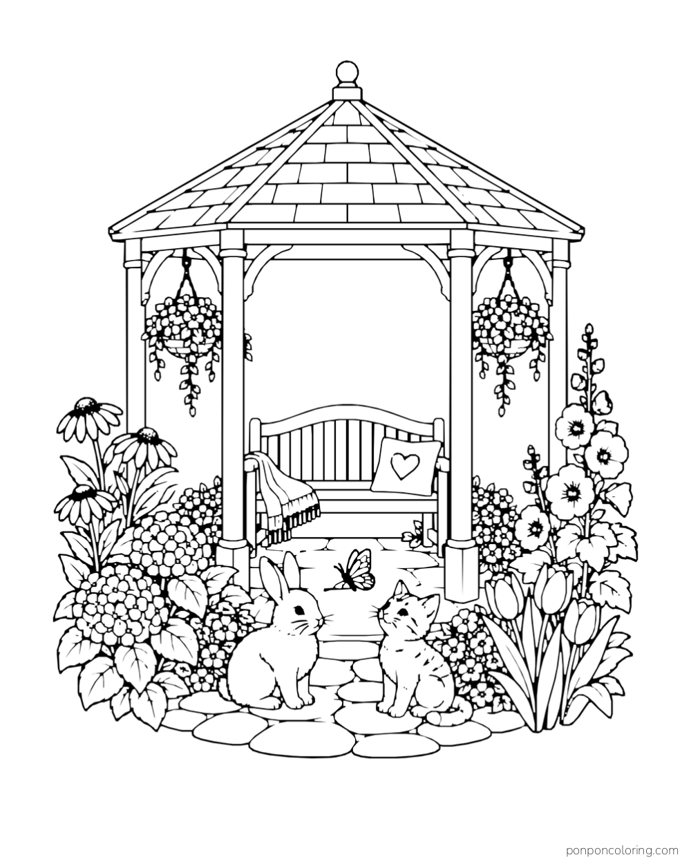 A small gazebo with a bench and hanging baskets stands among flowers, with a rabbit and cat on the stepping stones.