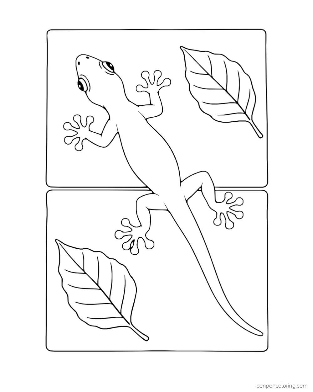 A gecko crosses two square tiles with a fallen leaf on each tile.